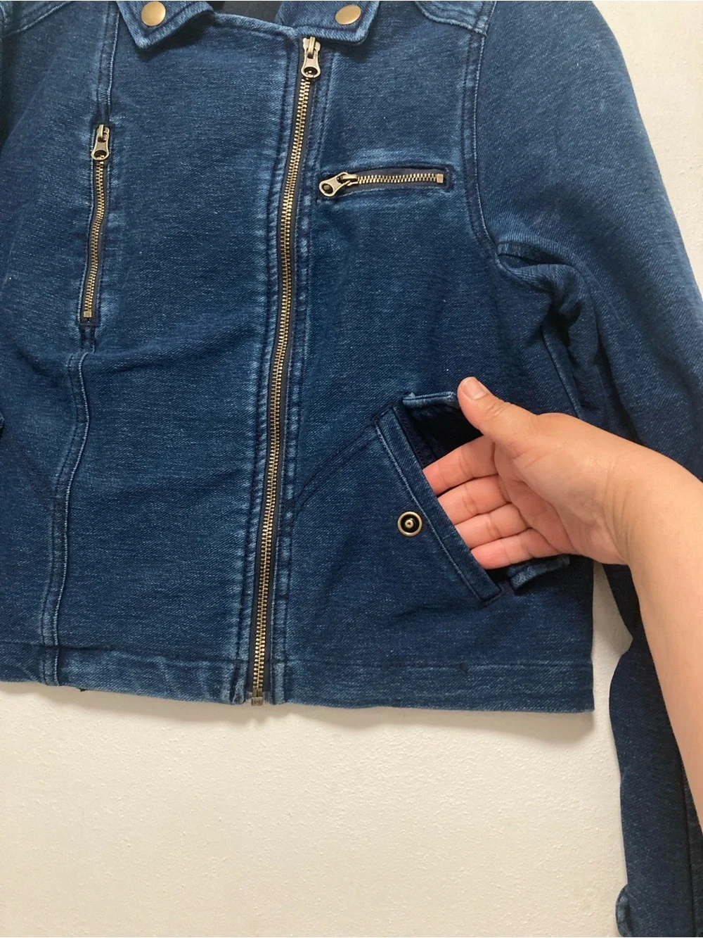 Pilcro Anthropologie Asymmetrical Zip Denim Moto Jacket Womens. Blue Size M